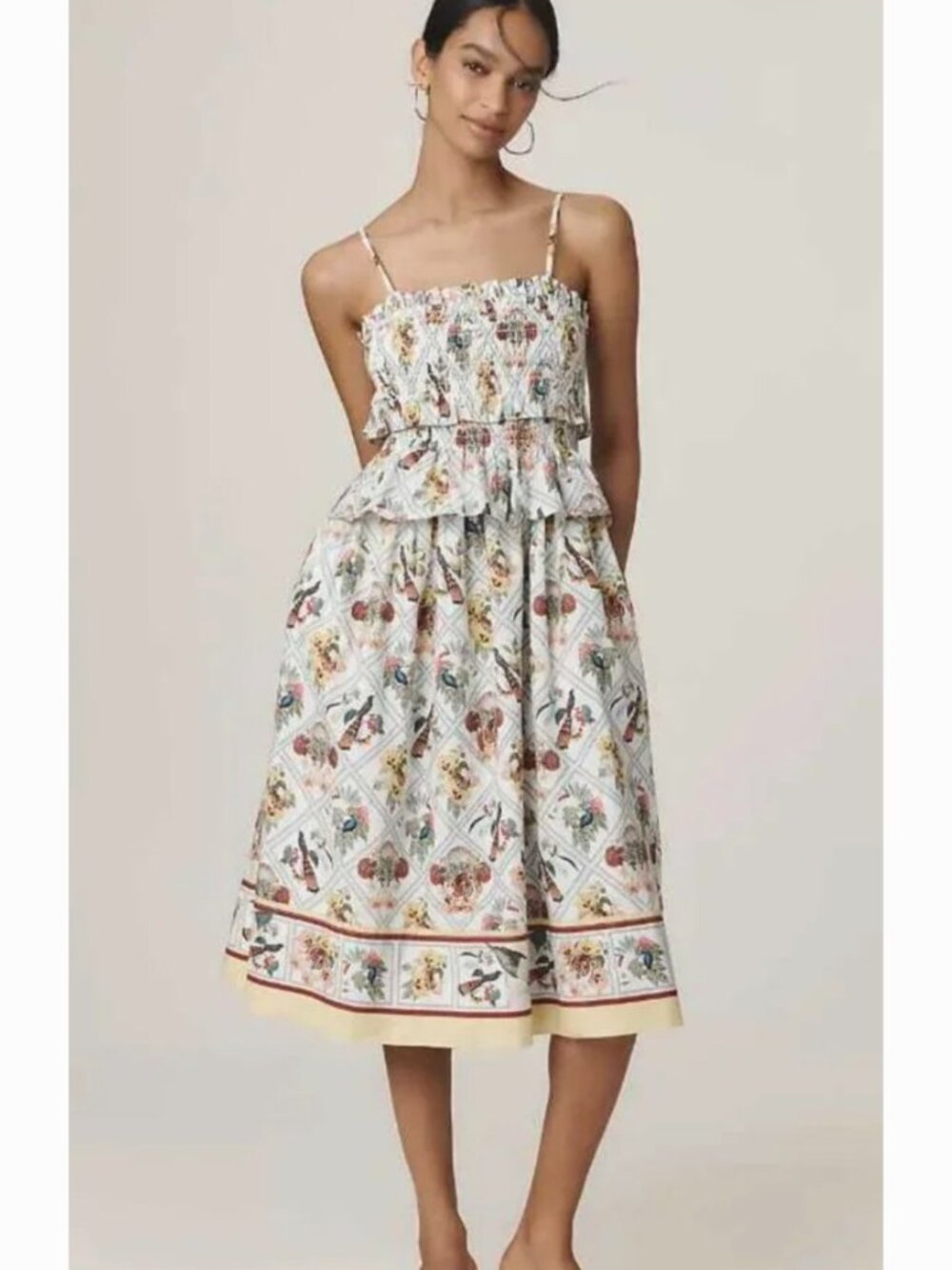 Anthropologie Smocked Peplum Midi Dress Birds & Tigers Print size medium